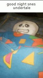 A gif of someone tucking a Sans plushie under a blanket with the text "good night snes undertale" at the top.